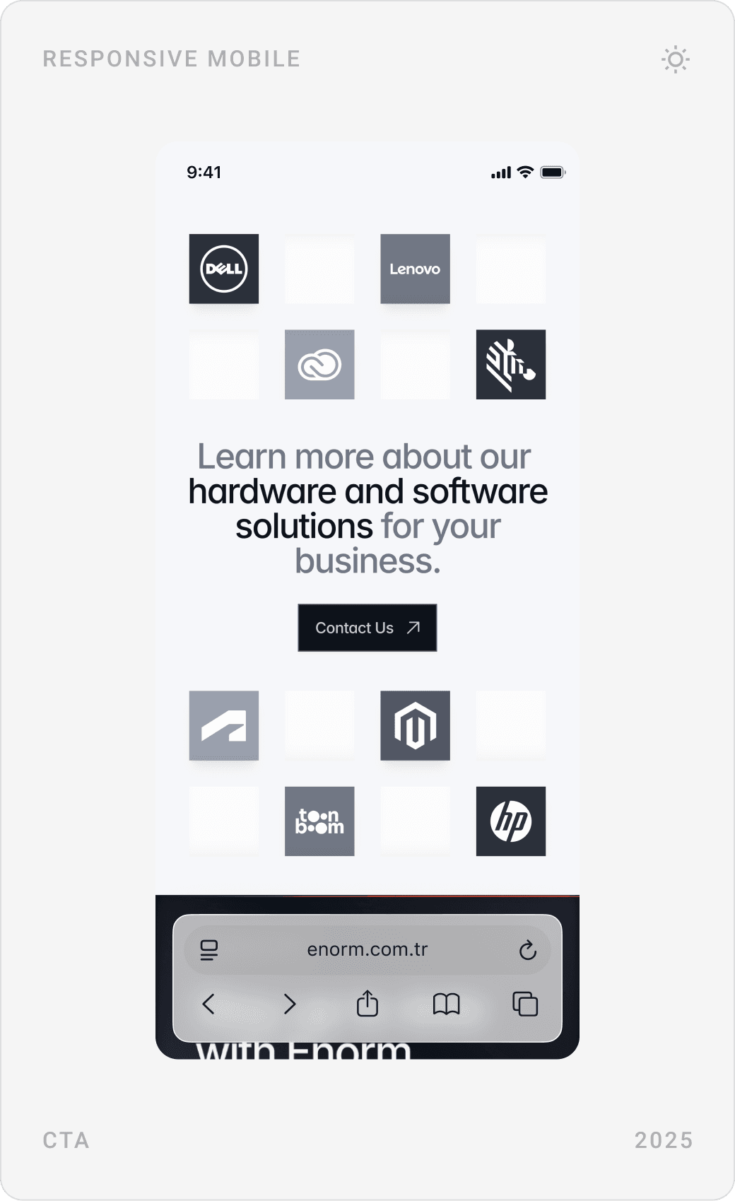 Mobile blog section with article cards and the “Learn more about our hardware and software solutions” call to action with brand logos
