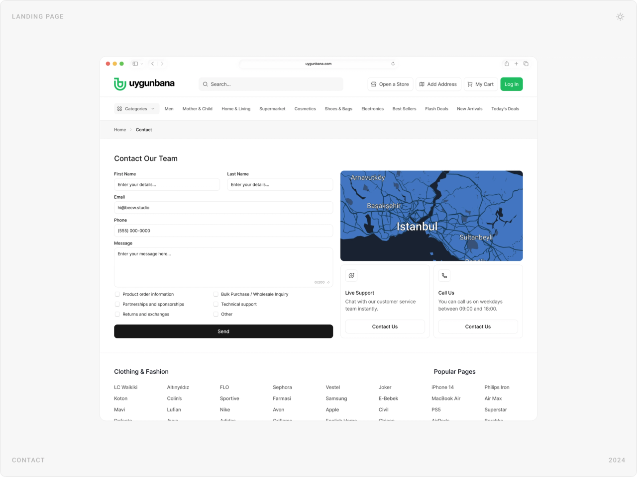 Contact page with a contact form, a map of Istanbul and support options