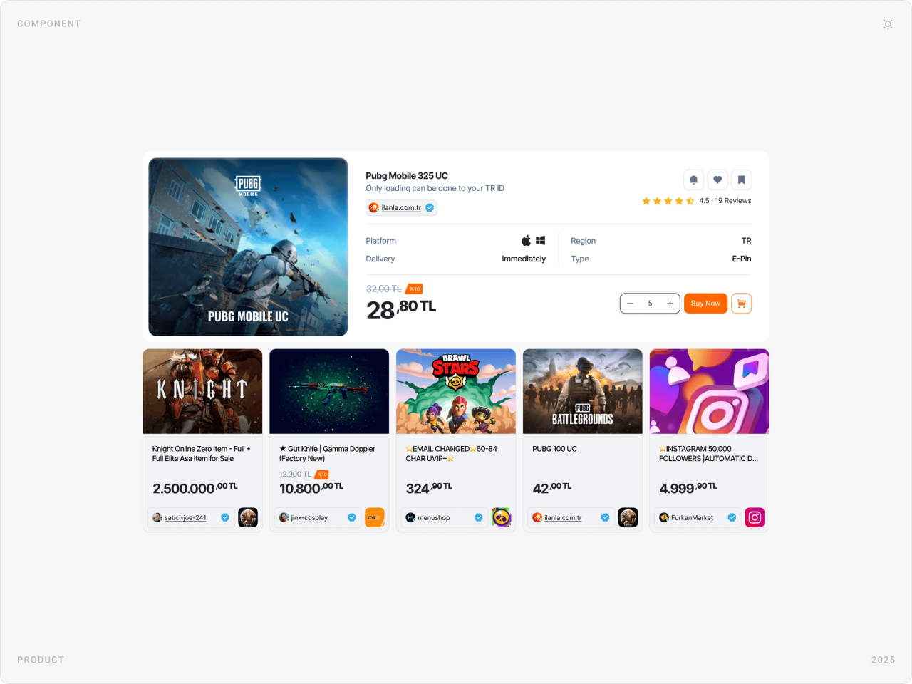 Product detail component with PUBG Mobile UC price card and related listings for Knight Online, CS2 and Instagram services