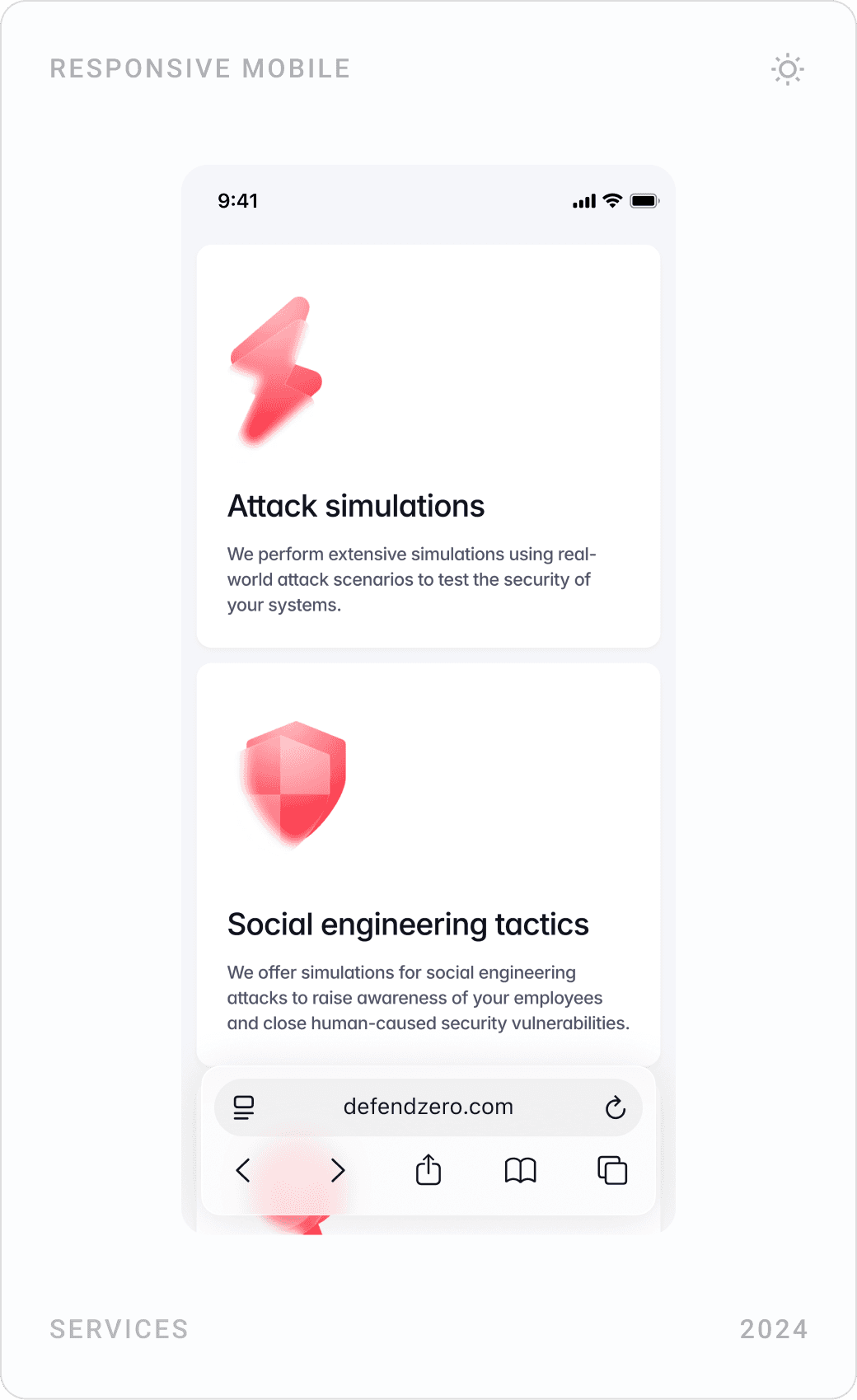 Red Team mobile pages: hero, attack simulations and social engineering tactics, vulnerability reporting and real-time training