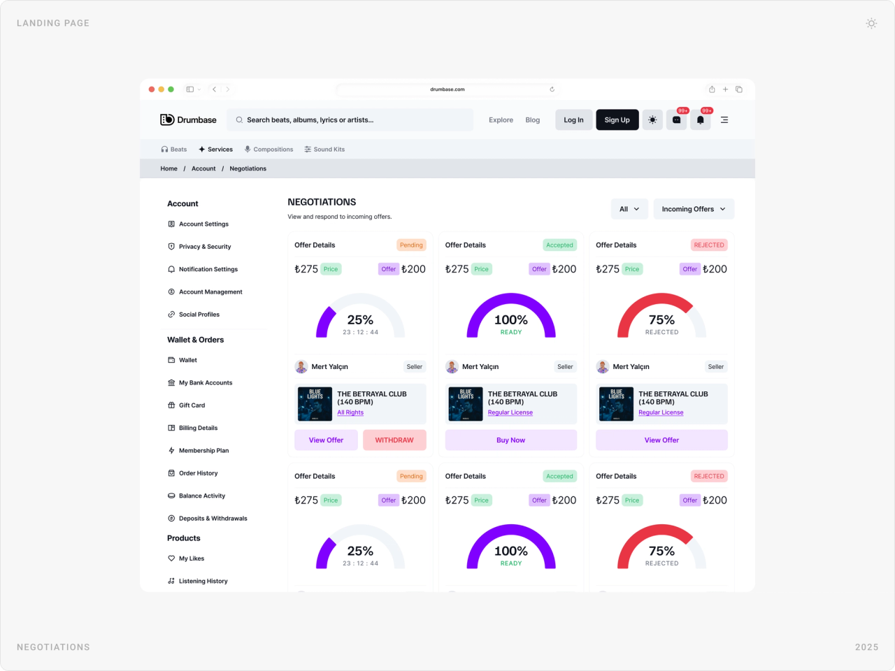 Negotiations page with offer cards showing price, offer, status and a circular countdown