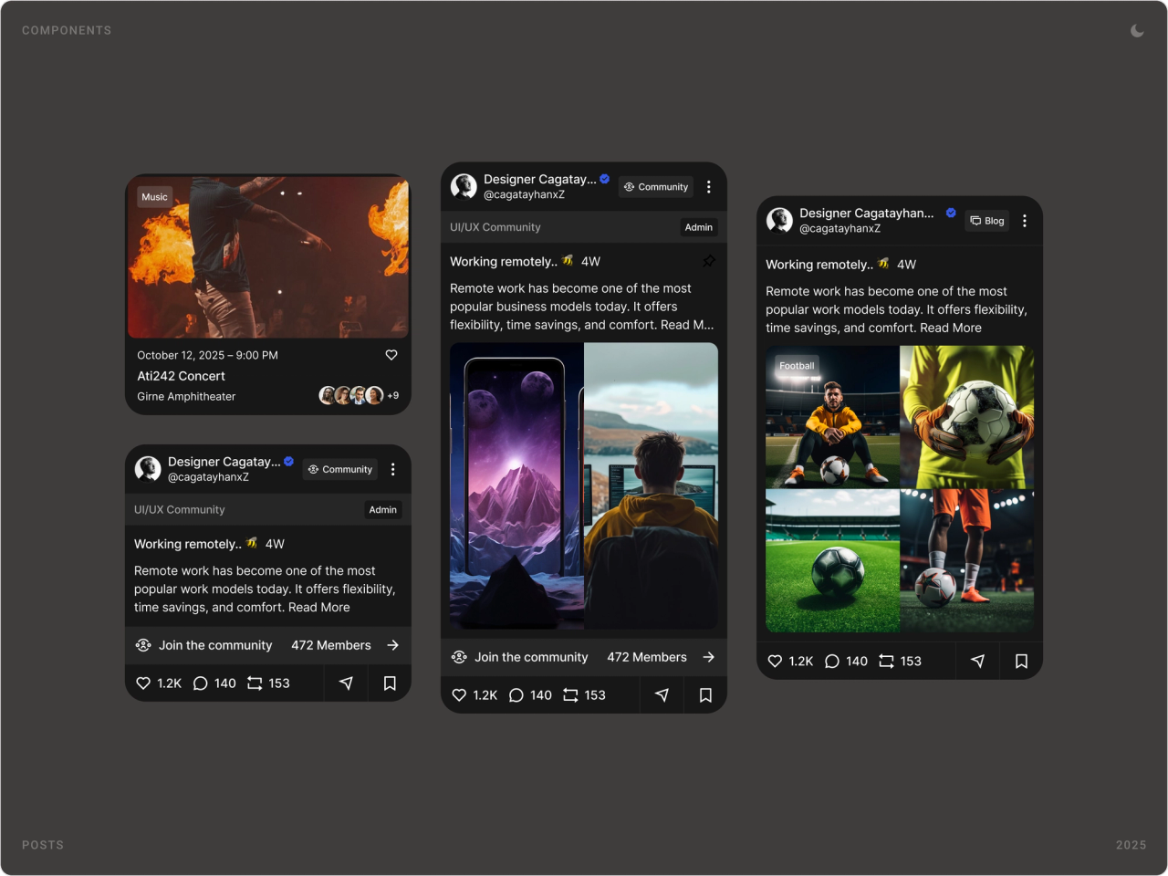 Dark mode feed cards for an event, a community post and a football news post