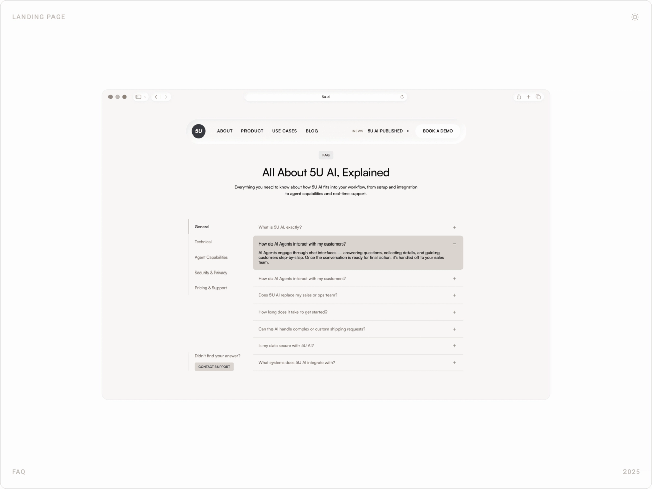 “All about 5U AI, explained” FAQ section grouped by topic