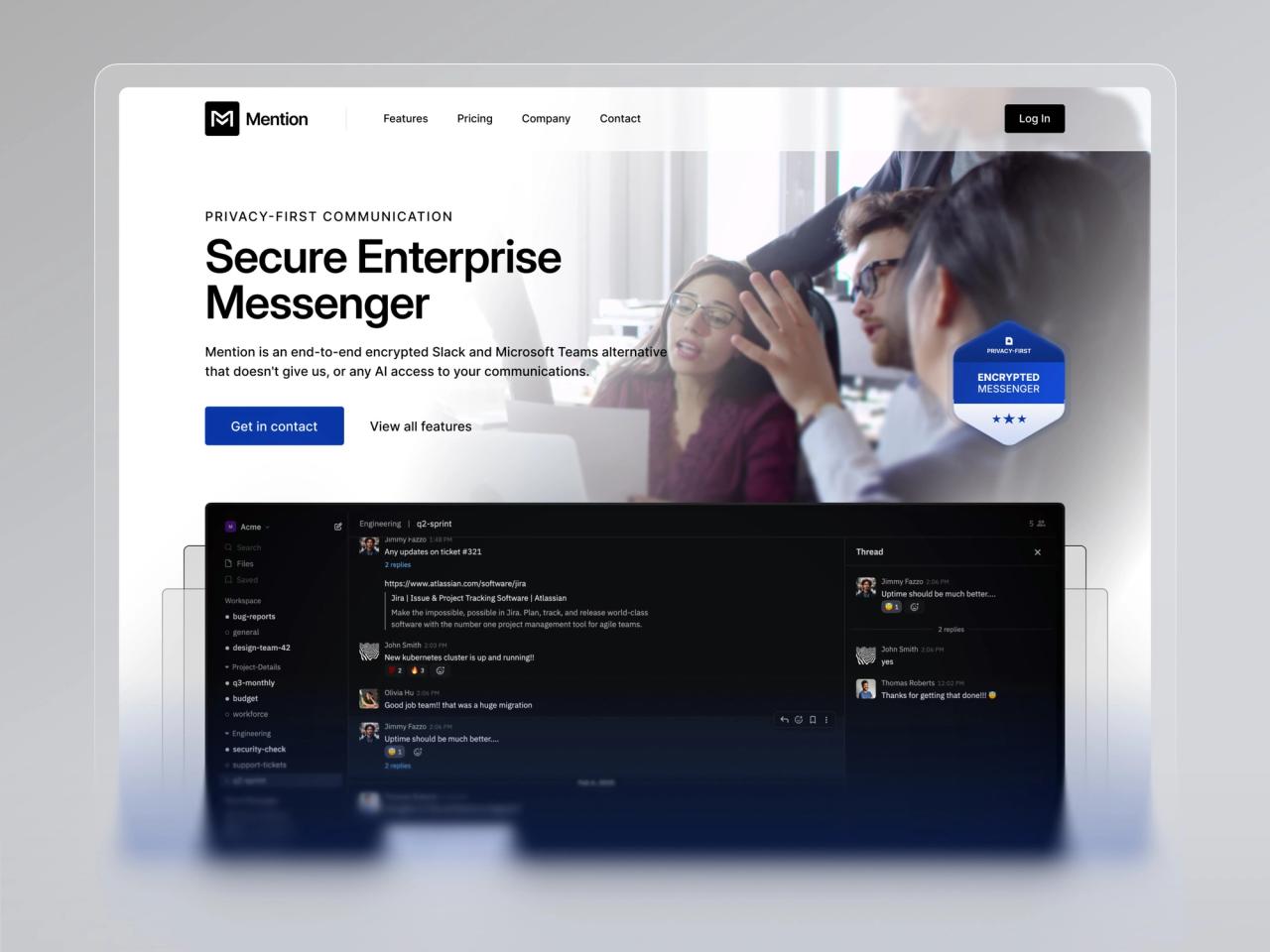 Mention homepage with the headline “Secure Enterprise Messenger”, an encrypted messenger badge and the chat app below