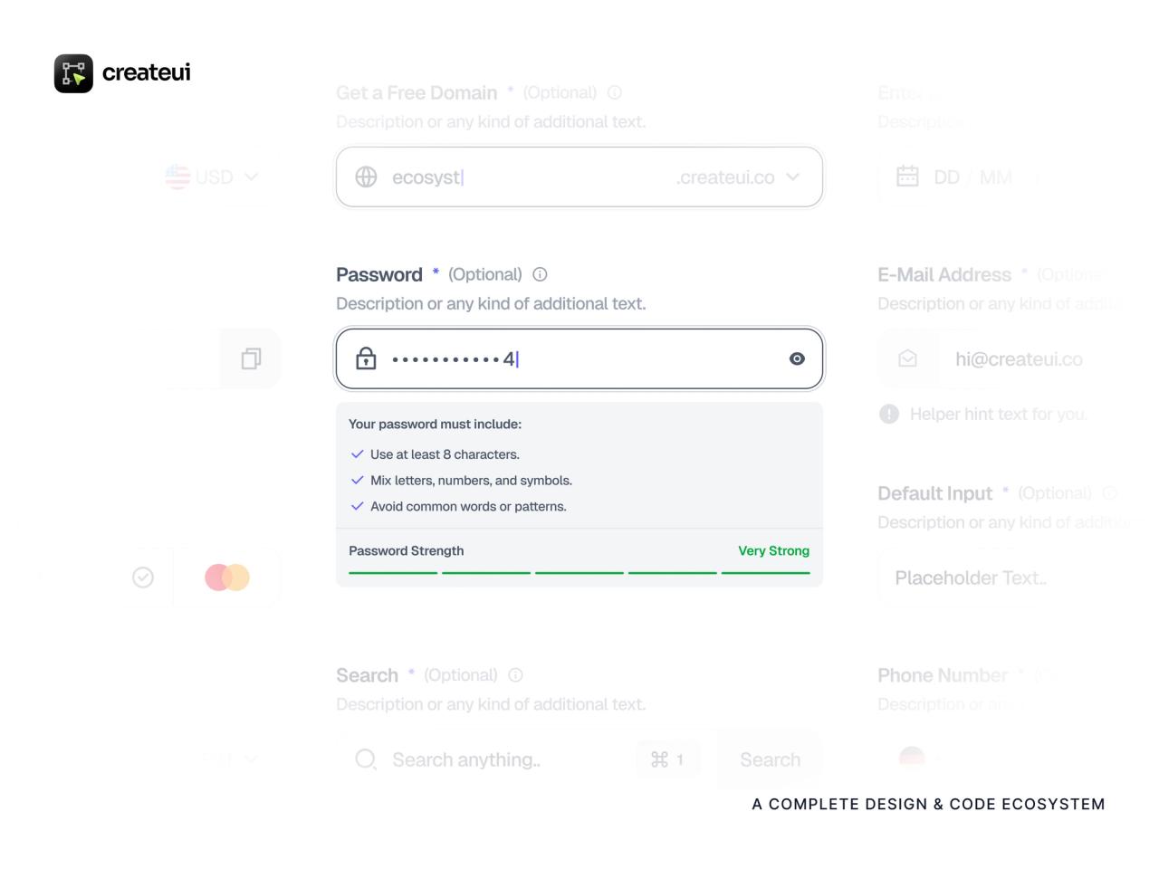 Status badges in dark mode and text inputs with a password strength meter