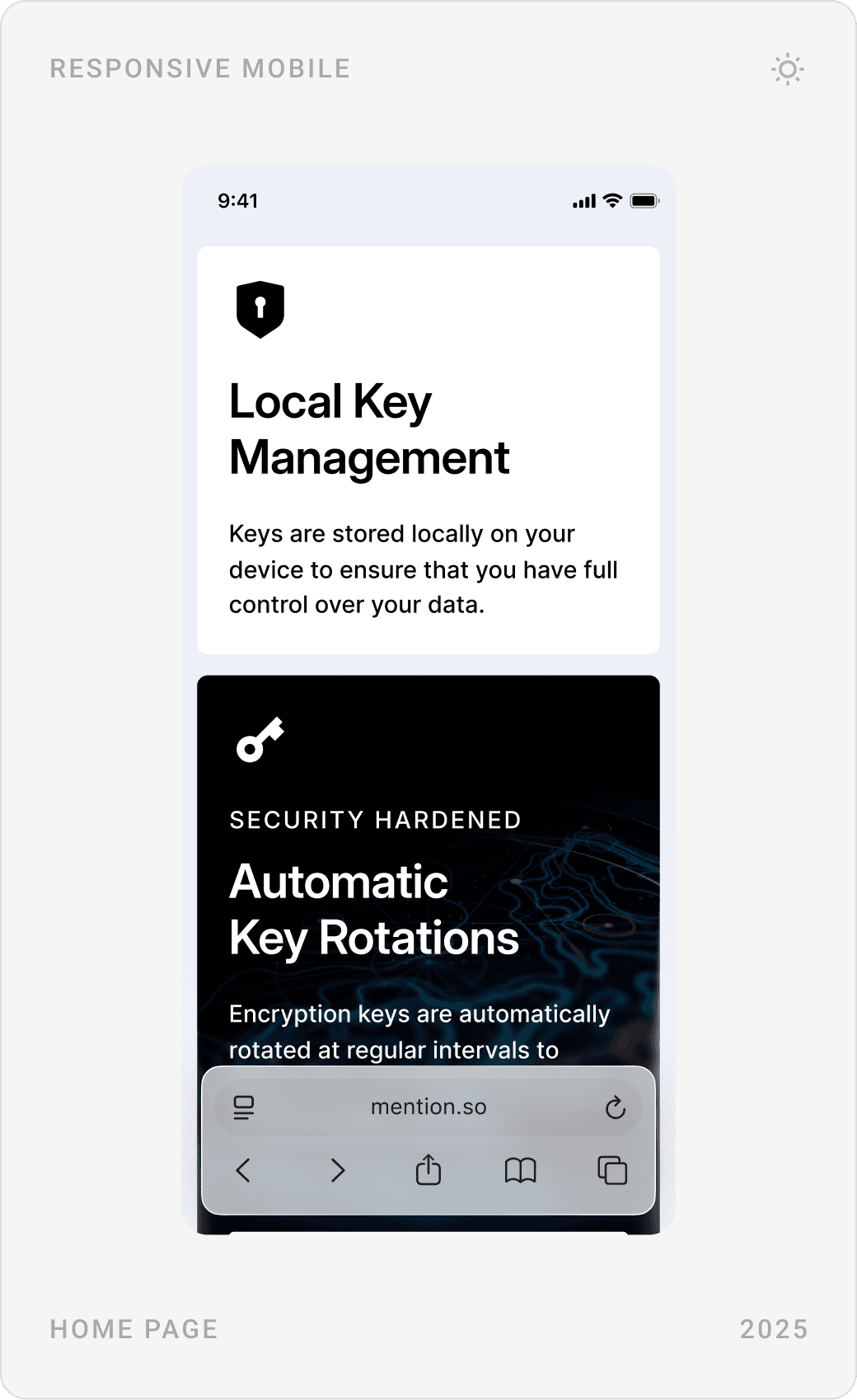 Mobile feature cards: end-to-end encryption with free trial, local key management and automatic key rotations, and real-time chat
