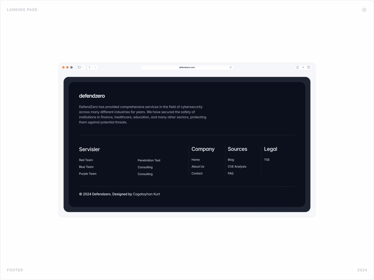 RedCyber desktop footer with company description, service links, company, sources and legal columns