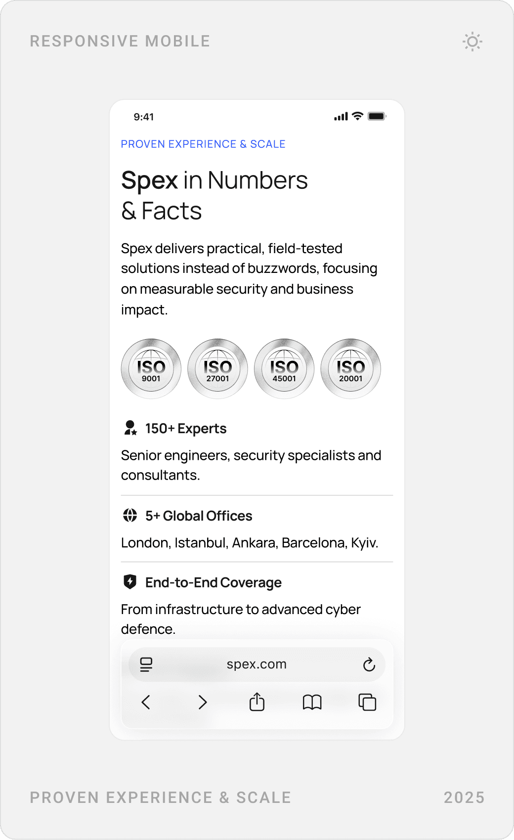 Mobile menu with expandable services, mobile hero and the “Spex in Numbers & Facts” section