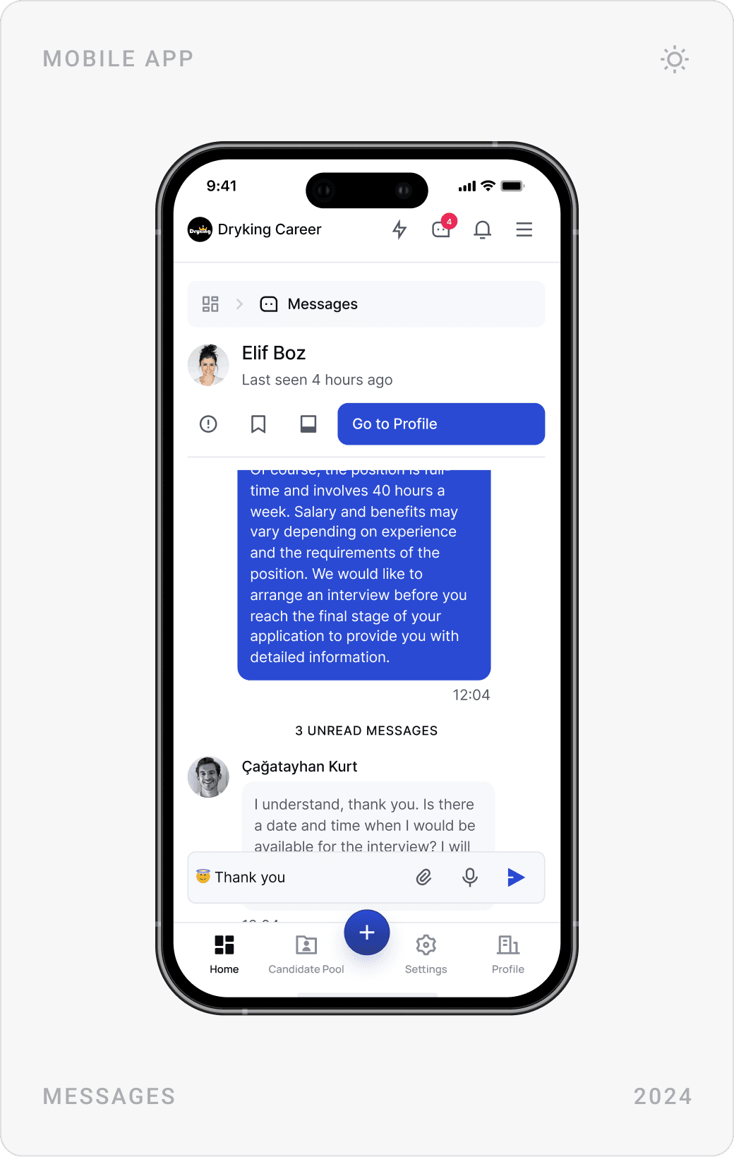 Mobile messages list with unread conversations, chat thread, and contact detail with education and department