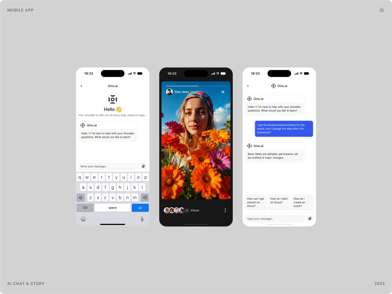Omu.ai assistant welcome screen, a full-screen story and an AI chat answering a question