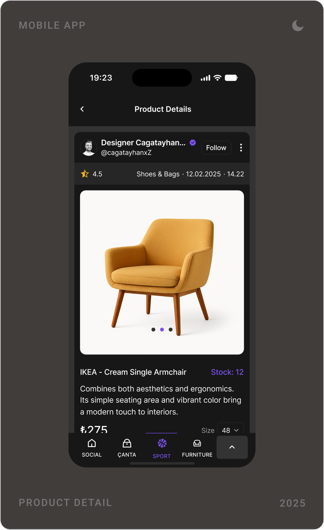 Dark mode shop with featured products, a blog with featured posts and a product detail page for an armchair