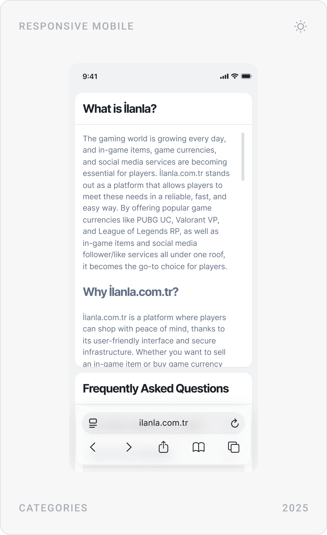 Mobile categories page with game tabs, “What is İlanla?” SEO text, and a Frequently Asked Questions accordion