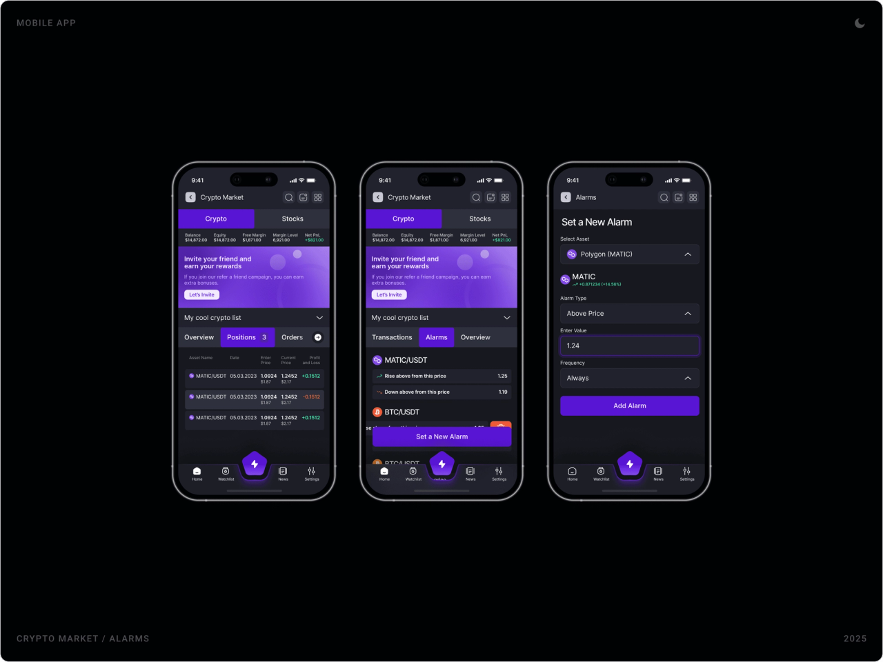 Crypto Market with referral banner and positions, alarms list for MATIC/USDT and BTC/USDT, and Set a New Alarm form
