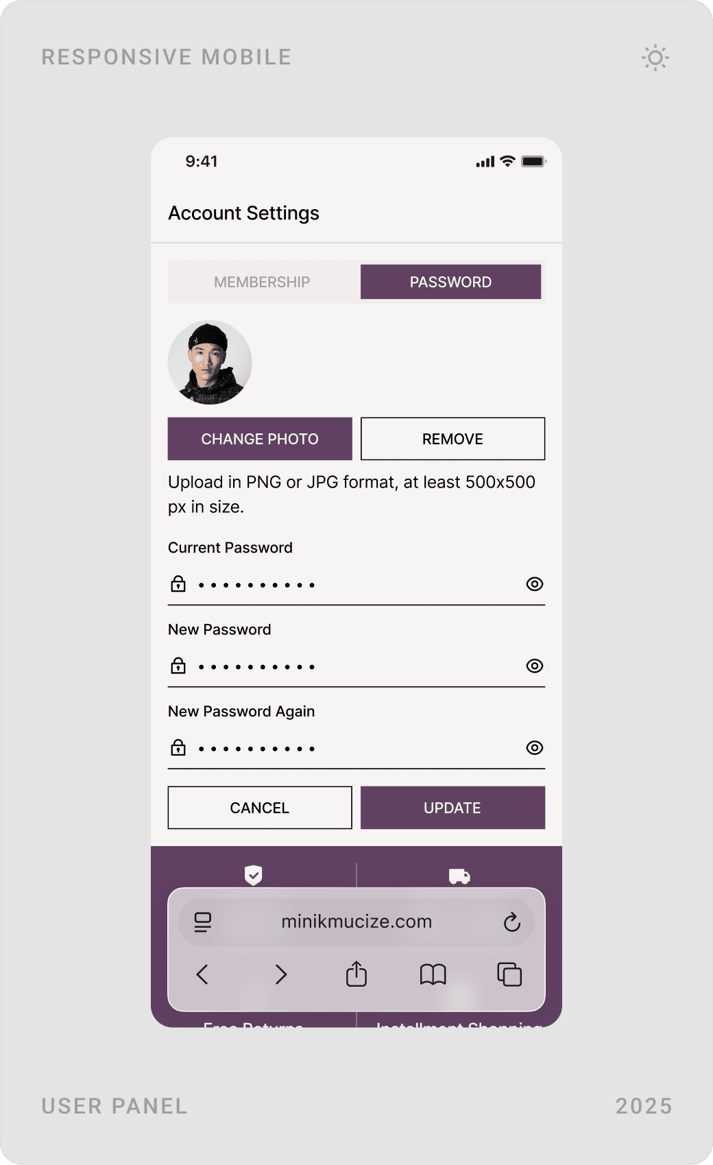 Mobile all-categories menu, membership details with profile photo, and password change form
