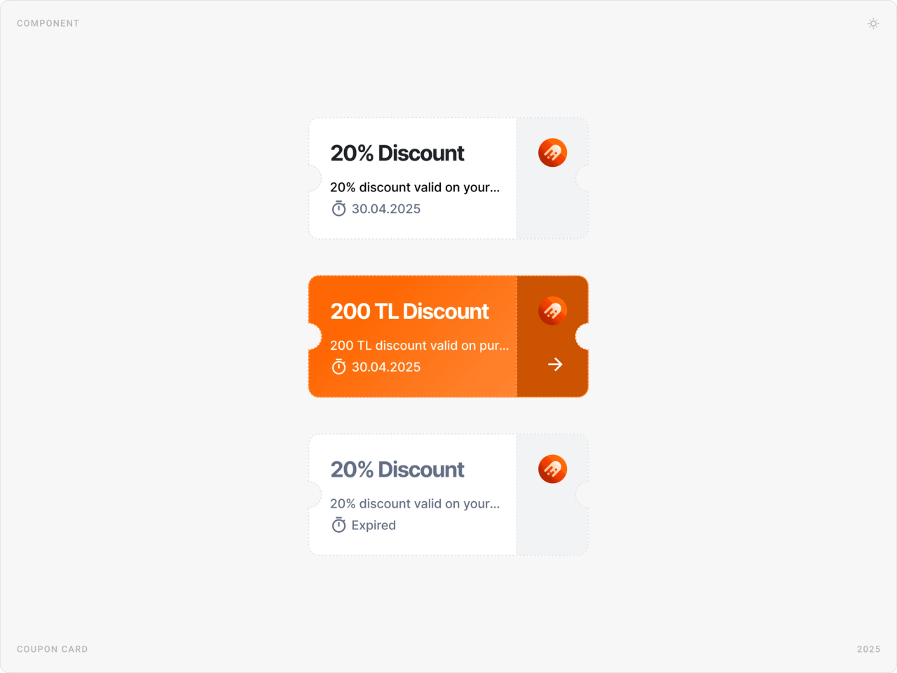 Discount coupon cards: 20% Discount, an active 200 TL Discount and an expired coupon