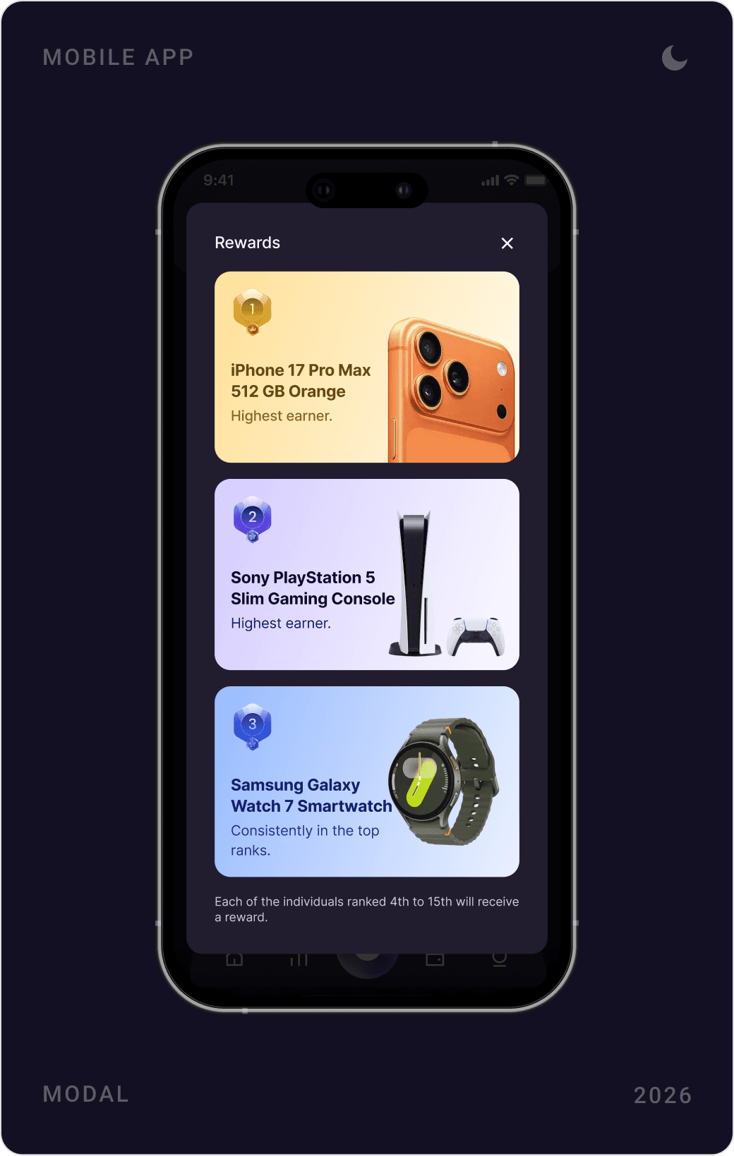 My Referrals screen with earnings and referral link, a referral leaderboard with podium and countdown, and a rewards modal with three prizes