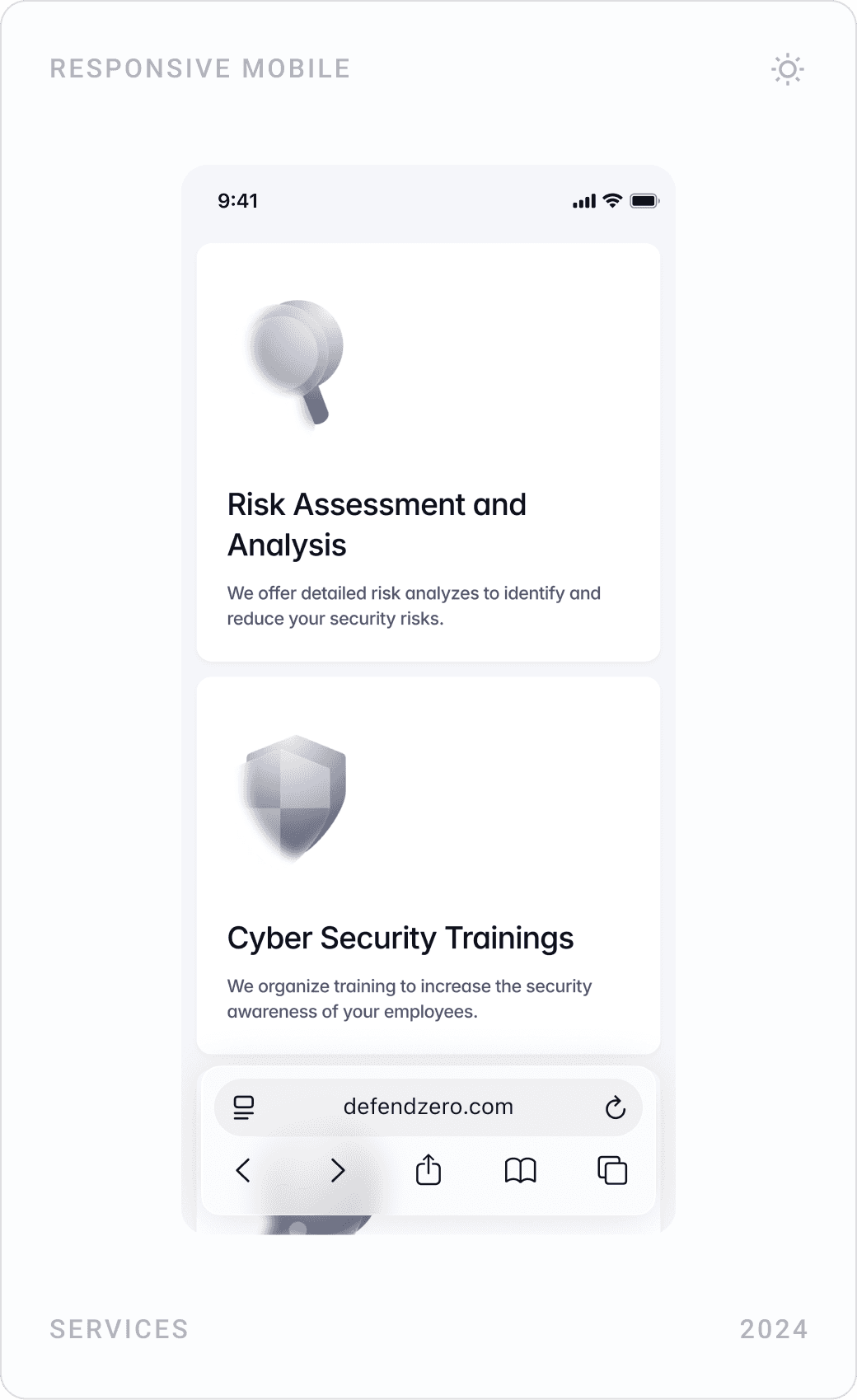 Consultancy mobile pages: hero, risk assessment and cyber security trainings, compliance and legal consultancy, security architecture
