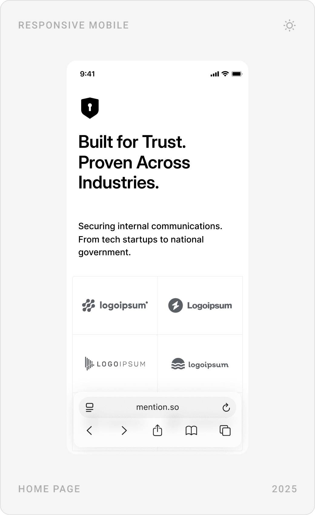 Mention mobile homepage: hero with Get in contact, feature tags, and the “Built for Trust. Proven Across Industries.” section