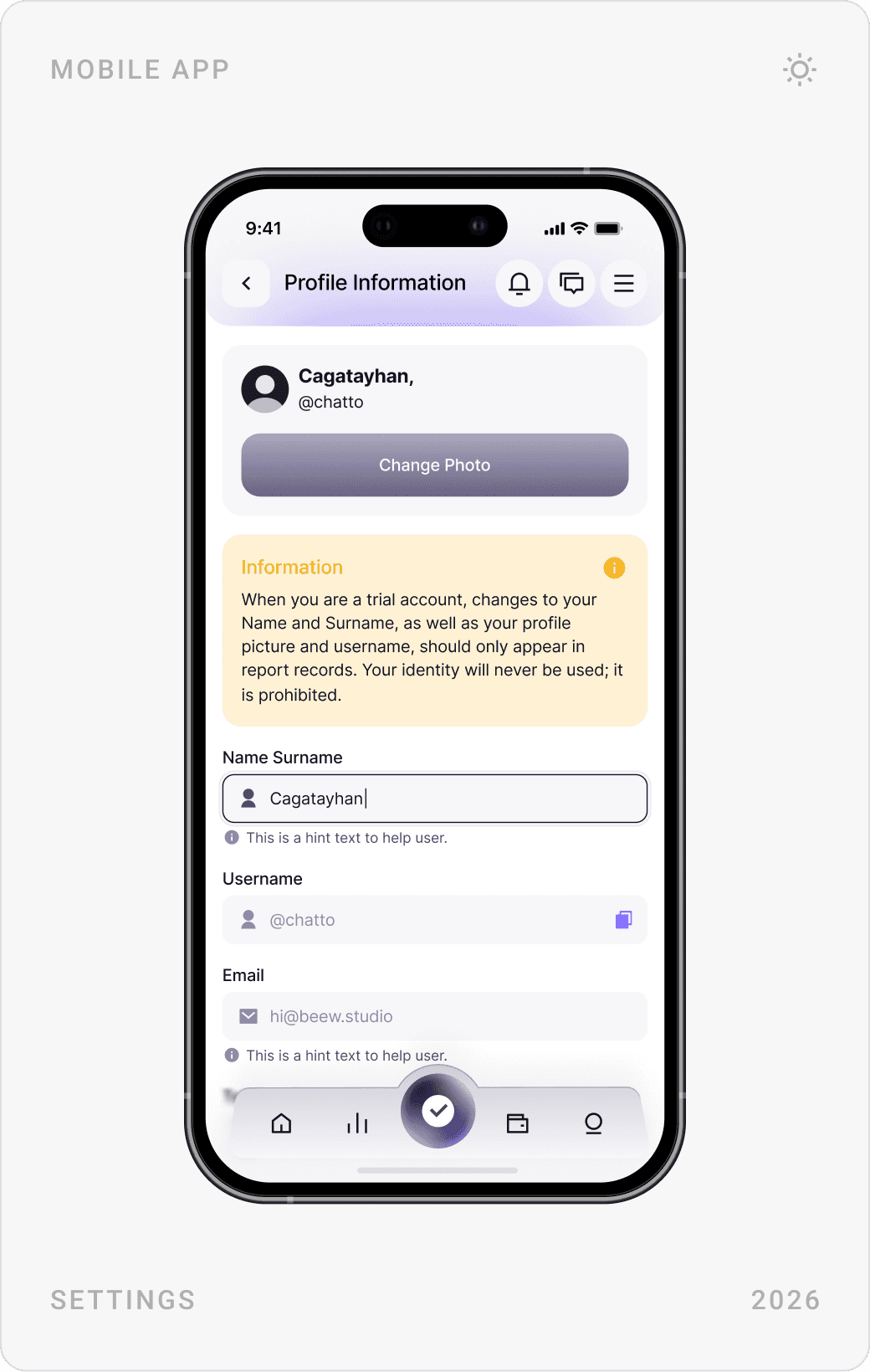 Light-mode settings: settings menu, profile information form with an information notice, and privacy toggles