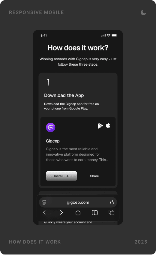 Mobile “How does it work?” steps in dark theme: download the app, sign up, follow the instructions