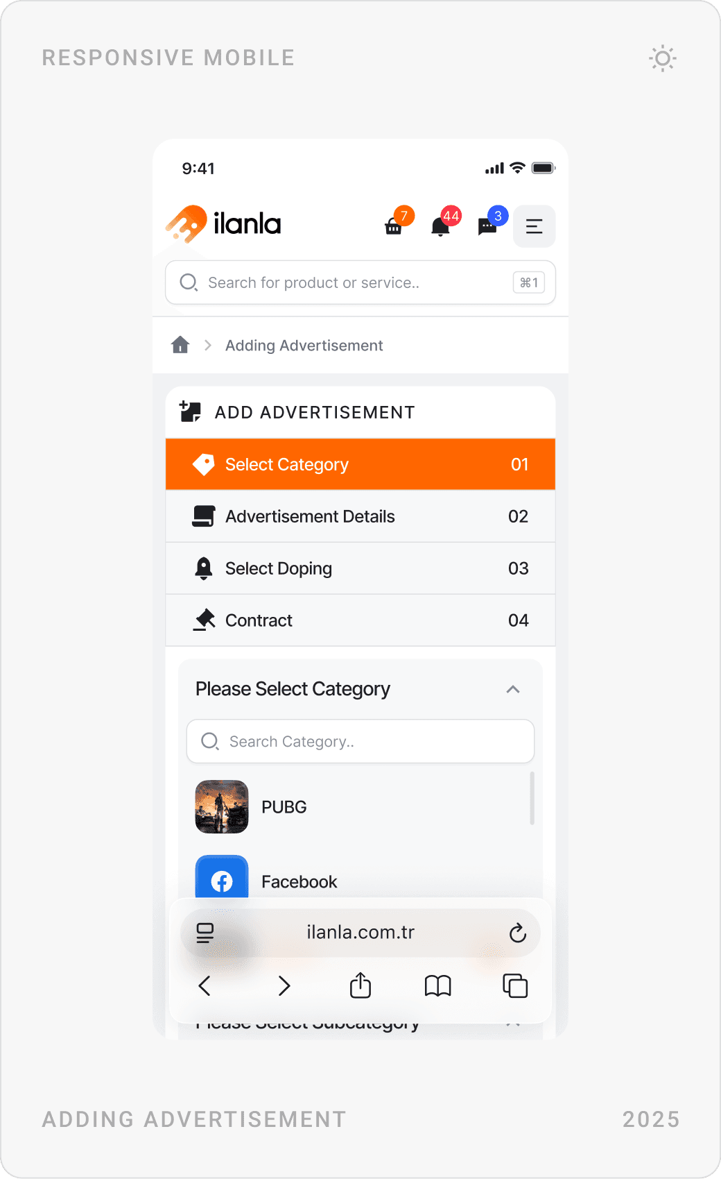 Mobile Add Advertisement steps with category selection, basket summary with discount and VAT, and My Cart with balance and items