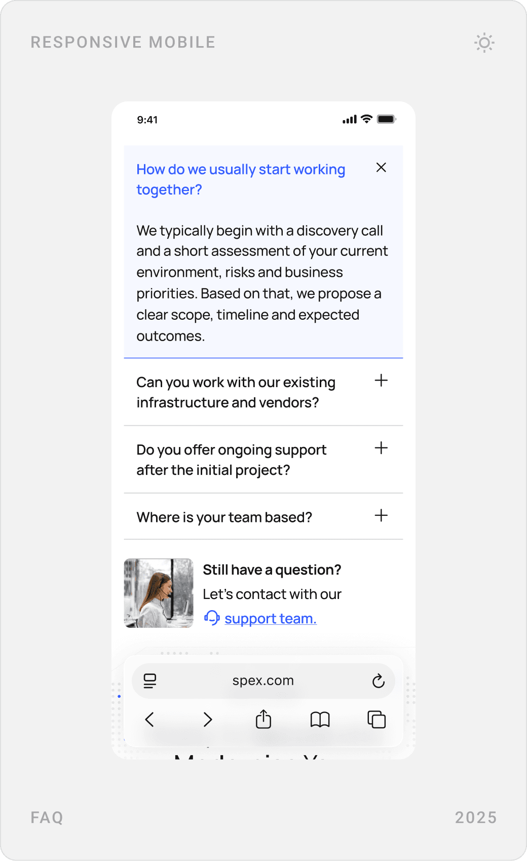 Mobile FAQ with expanded answer, closing call to action with booking, and the booking calendar with time slots