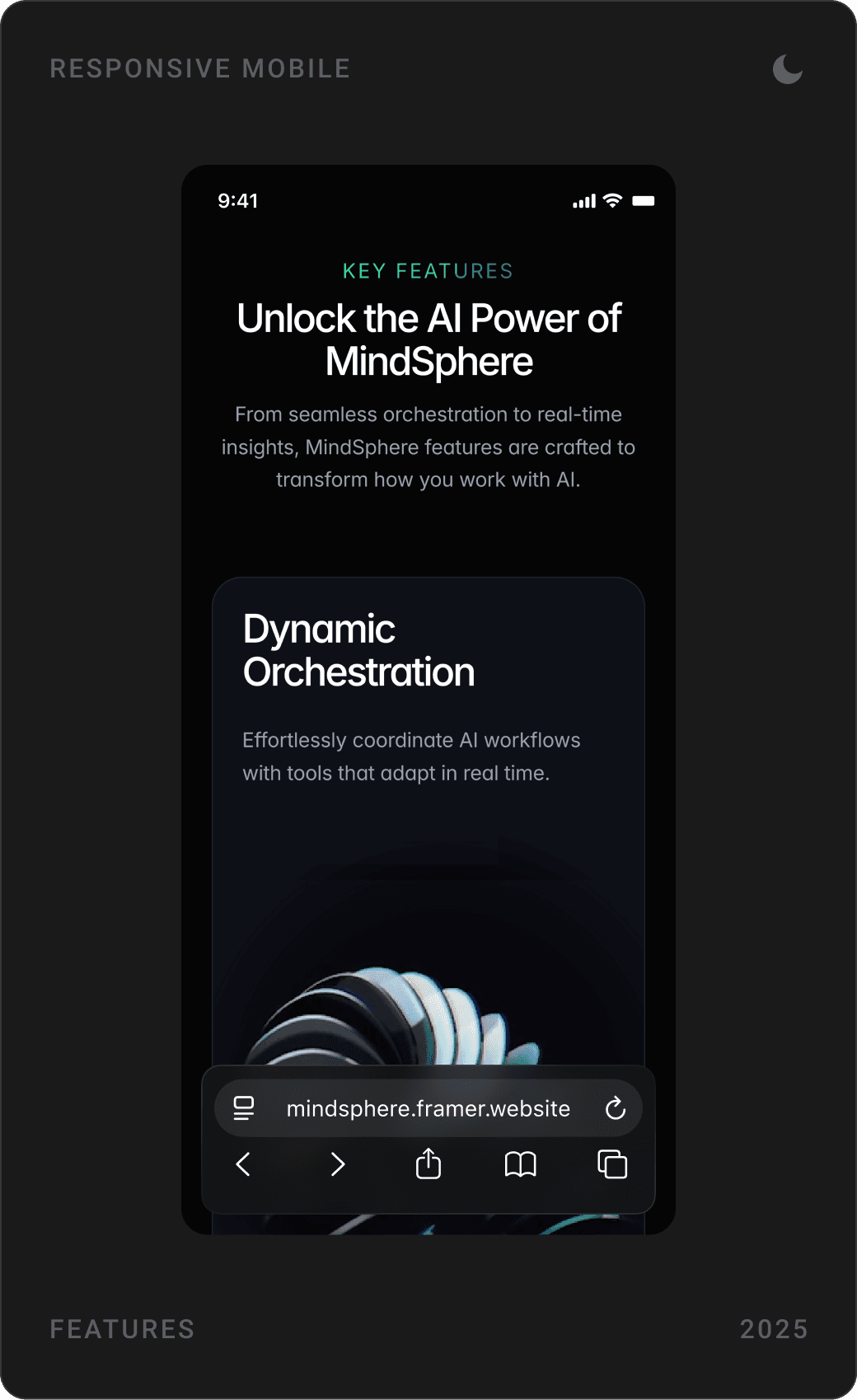 MindSphere mobile screens: robot hero with Connect Dapp button, key features intro, and transparent workflow and adaptive ecosystems cards