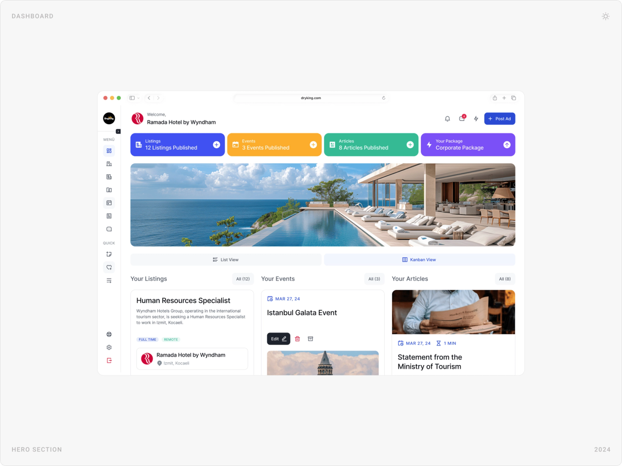 Employer dashboard for a sample hotel account with listings, events, articles and package tiles, and a List/Kanban toggle