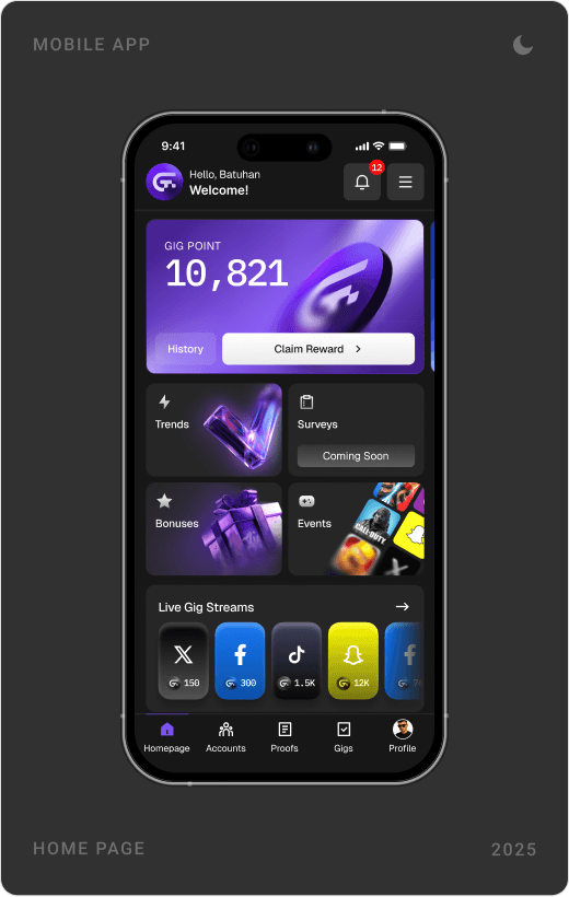 Password reset with code entry, email code verification and the dark home screen with a 10,821 Gig Point balance