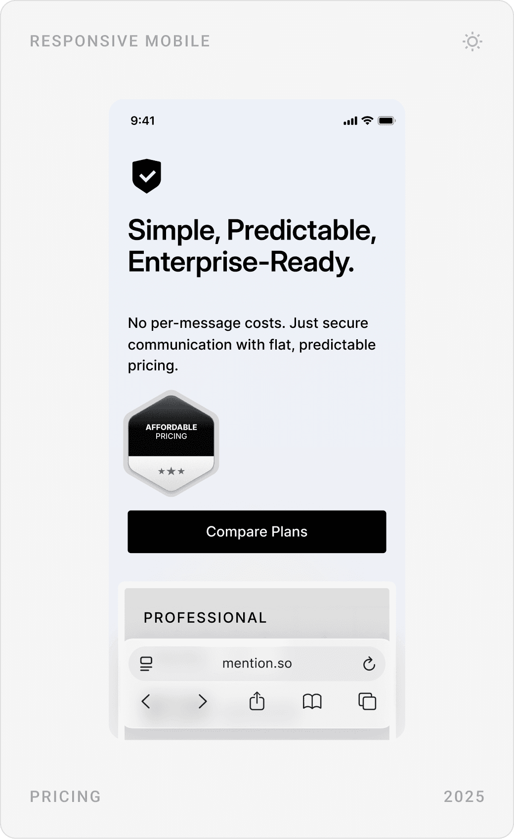 Mobile pricing: “Simple, Predictable, Enterprise-Ready.” intro, the Professional plan card and the Enterprise “Let’s Talk” card