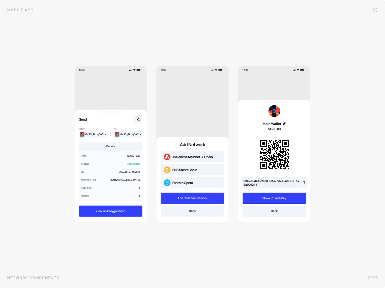 Network components: completed send details, Add Network sheet with Avalanche, BNB Smart Chain and Fantom, and a receive QR code