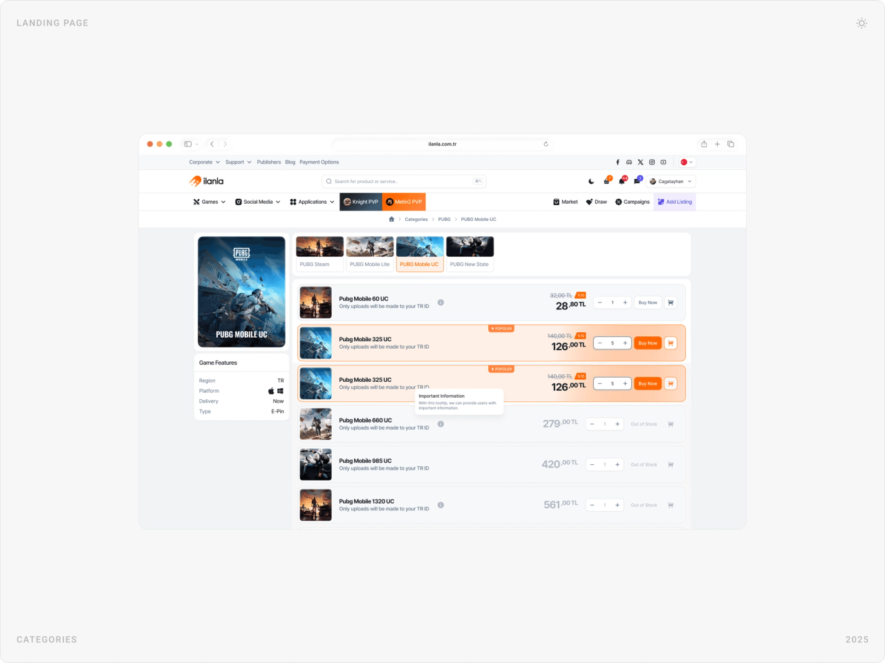 PUBG Mobile UC category page with a product summary and a list of UC packages with prices, quantity selectors and buy buttons