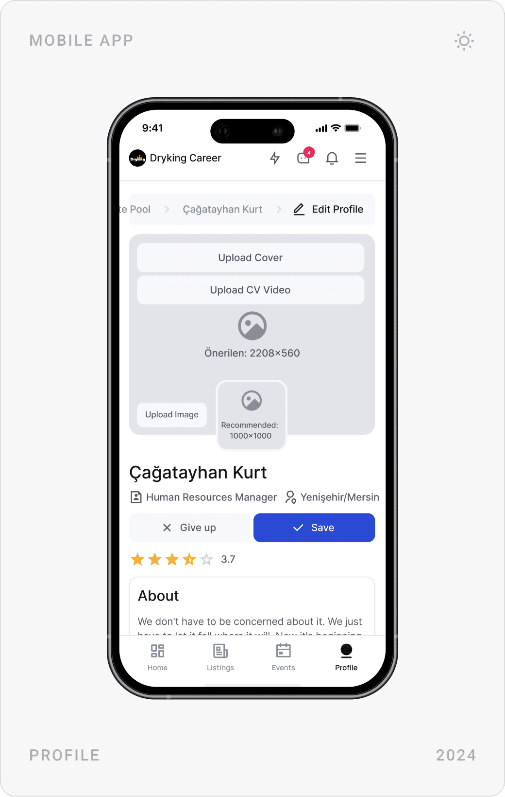 Mobile candidate profile with CV video, rating and Send Message button, profile edit screen, and Add Certificate form