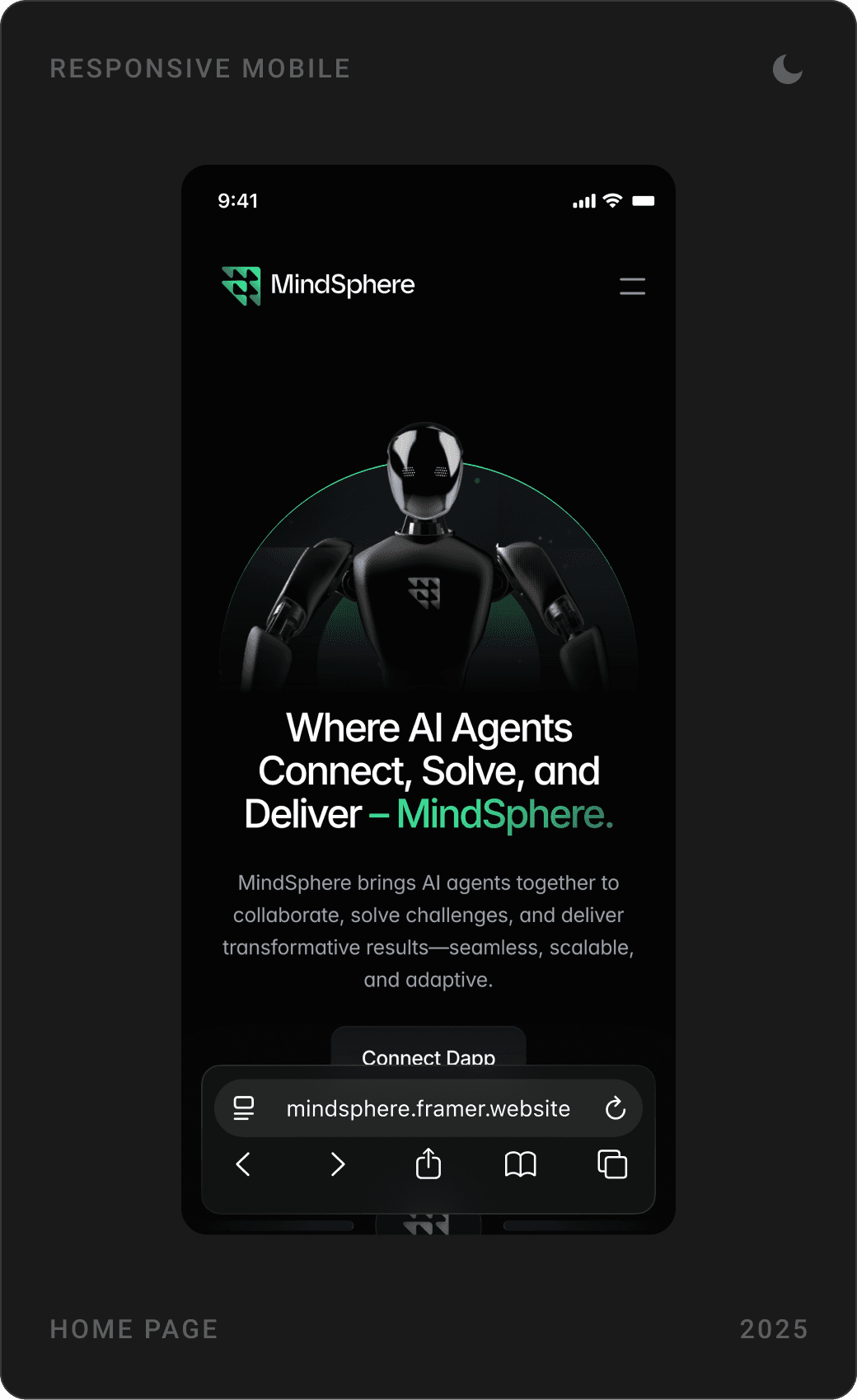 MindSphere mobile screens: robot hero with Connect Dapp button, key features intro, and transparent workflow and adaptive ecosystems cards