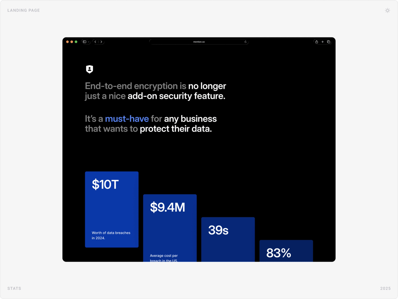 Dark section: “End-to-end encryption is no longer just a nice add-on security feature” with bar-chart cards of data breach statistics