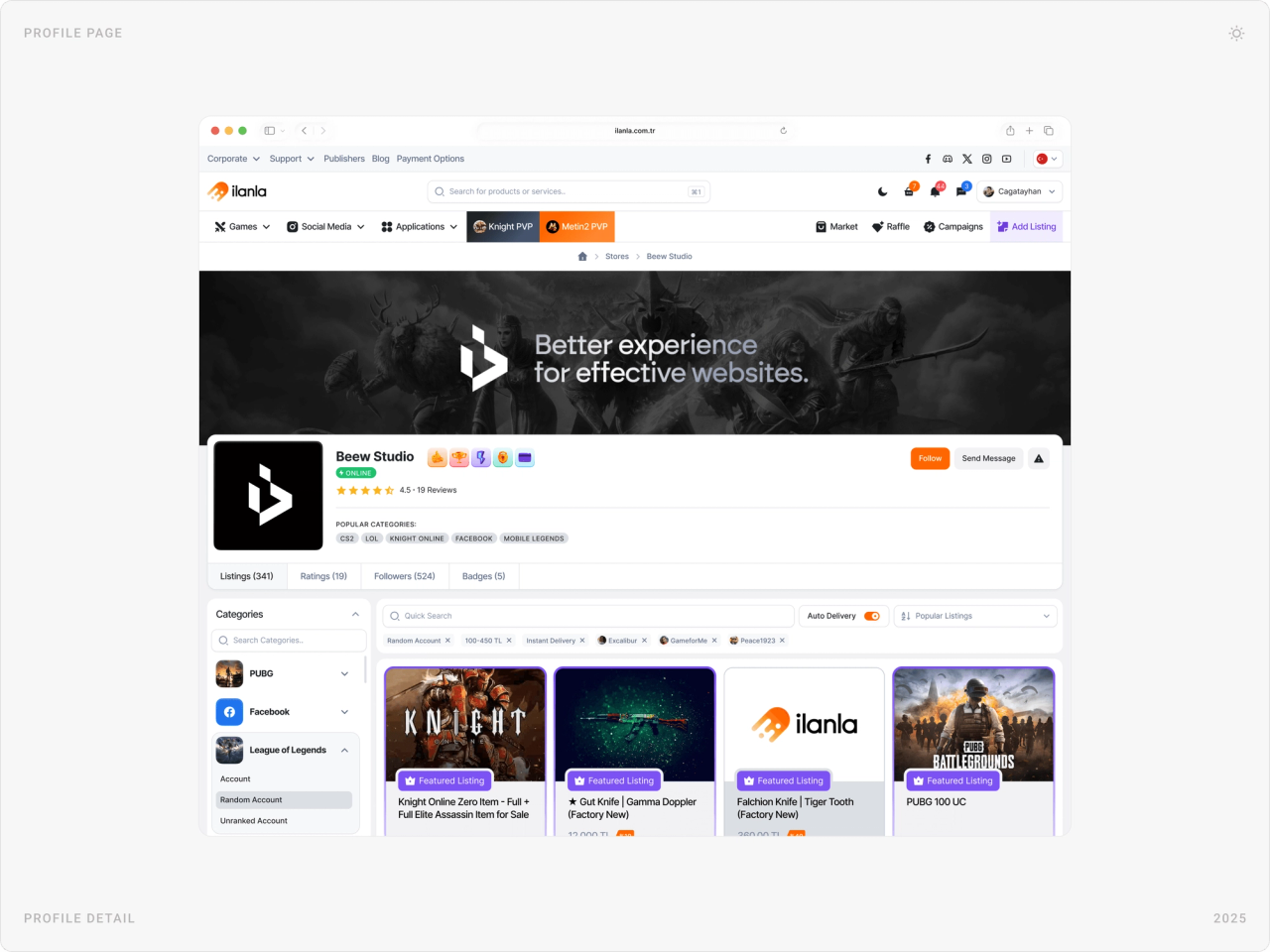 Seller store page in light theme with banner, store details, Follow and Send Message buttons, category sidebar and listings