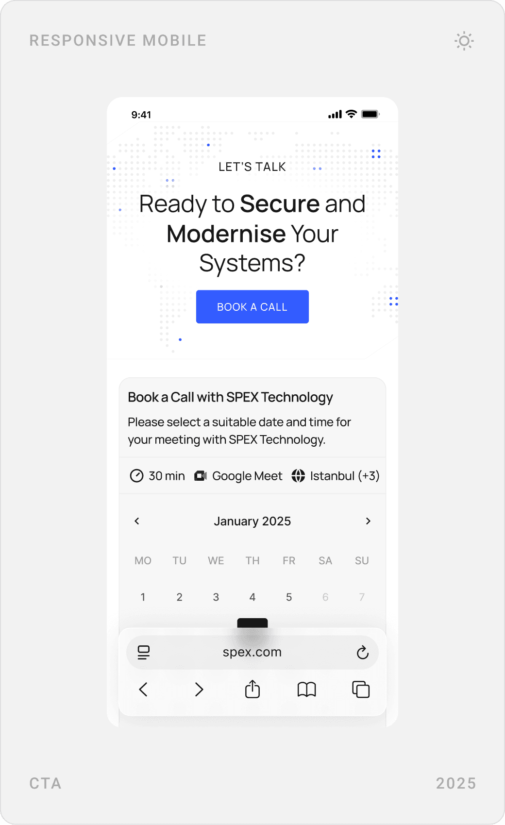 Mobile FAQ with expanded answer, closing call to action with booking, and the booking calendar with time slots