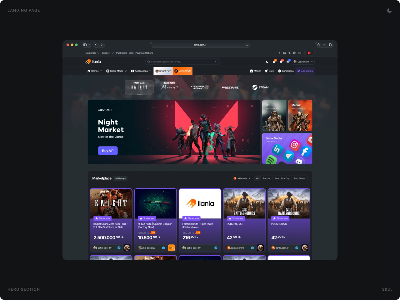 İlanla homepage in dark theme with game shortcuts, a Valorant “Night Market” banner and marketplace listing cards