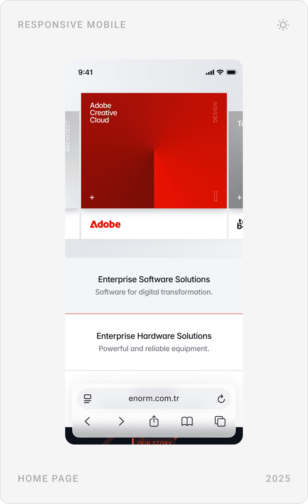 Enorm mobile homepage: hero, Adobe Creative Cloud brand card and the software, hardware and consulting menu