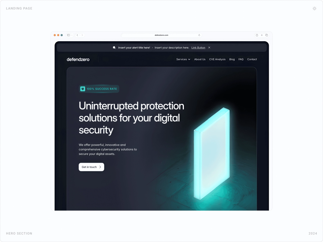 RedCyber desktop hero: “Uninterrupted protection solutions for your digital security” with a glowing teal 3D block and Get in touch button