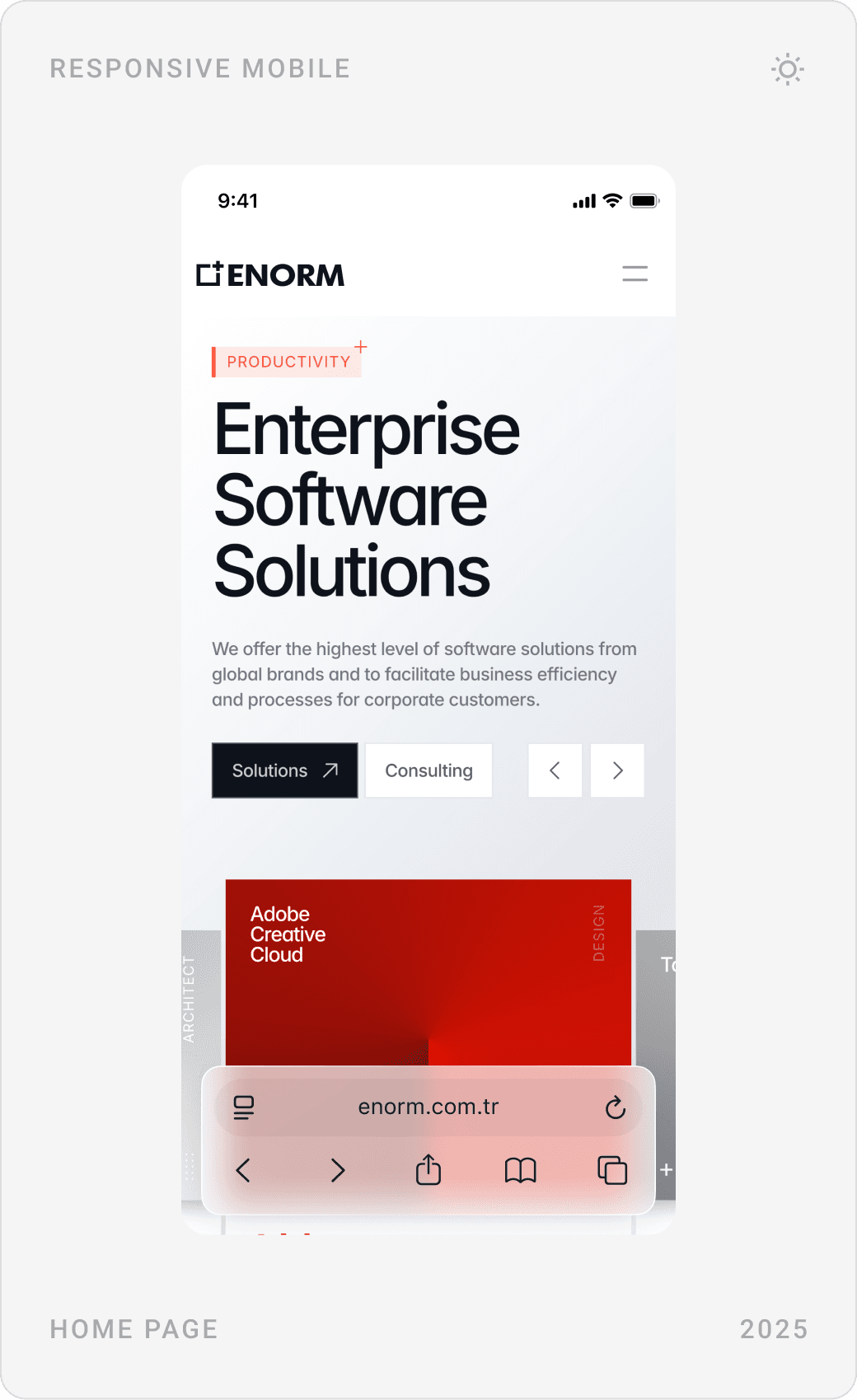 Enorm mobile homepage: hero, Adobe Creative Cloud brand card and the software, hardware and consulting menu