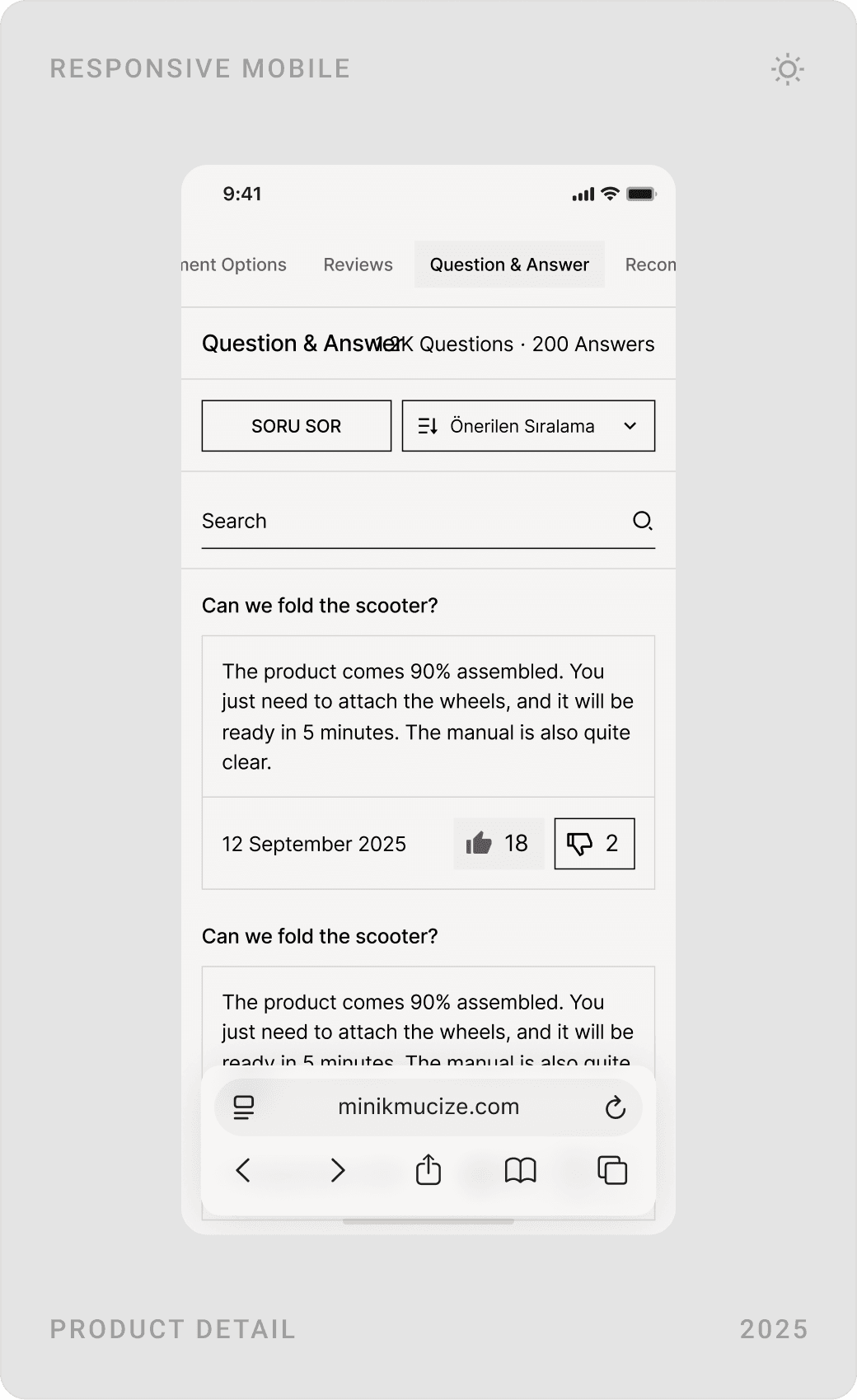 Mobile product questions and answers, review summary with average rating and star breakdown, and the mobile footer
