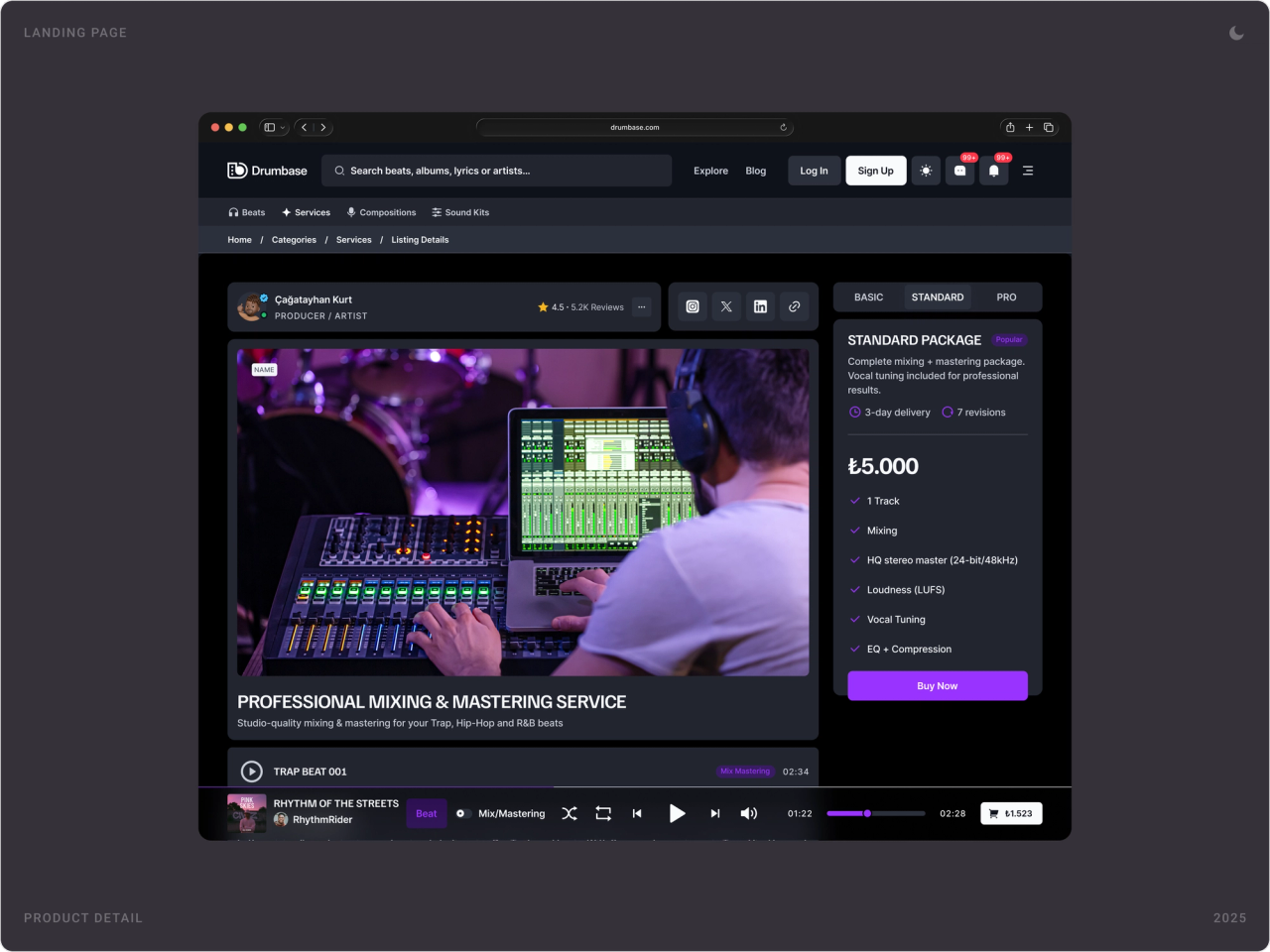 Product page for a professional mixing and mastering service with Basic, Standard and Pro packages and a Buy Now button