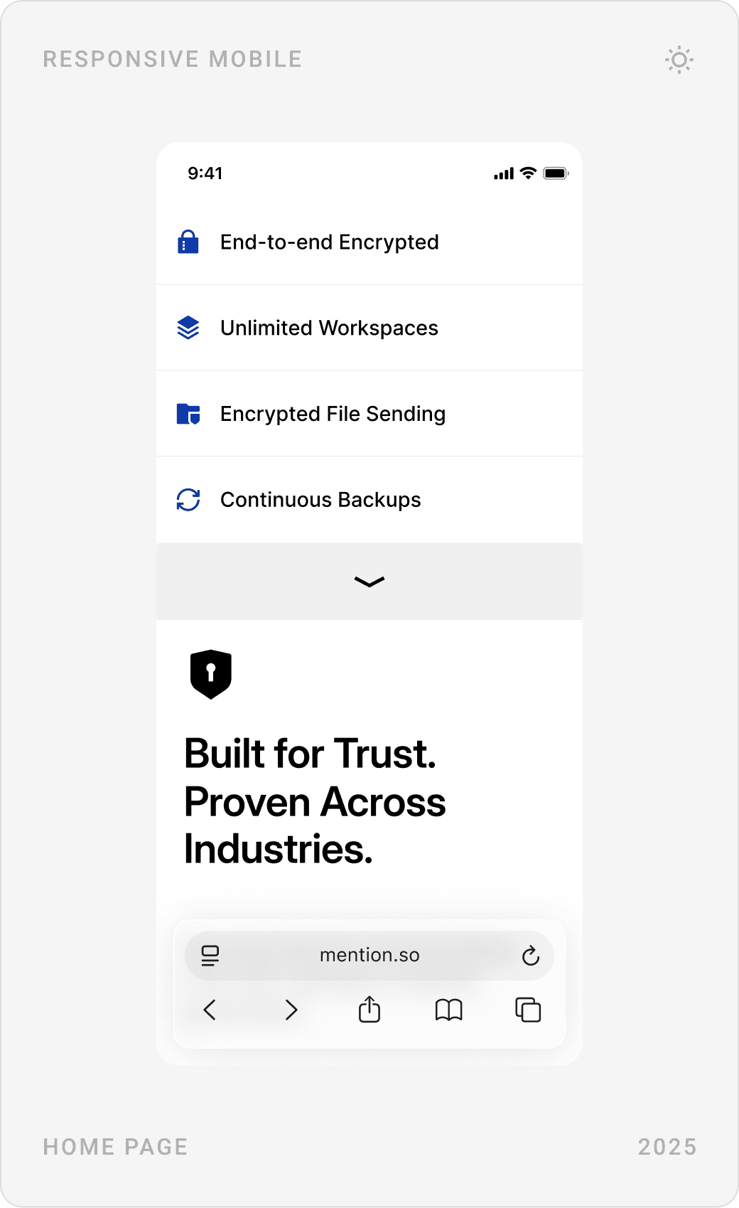 Mention mobile homepage: hero with Get in contact, feature tags, and the “Built for Trust. Proven Across Industries.” section