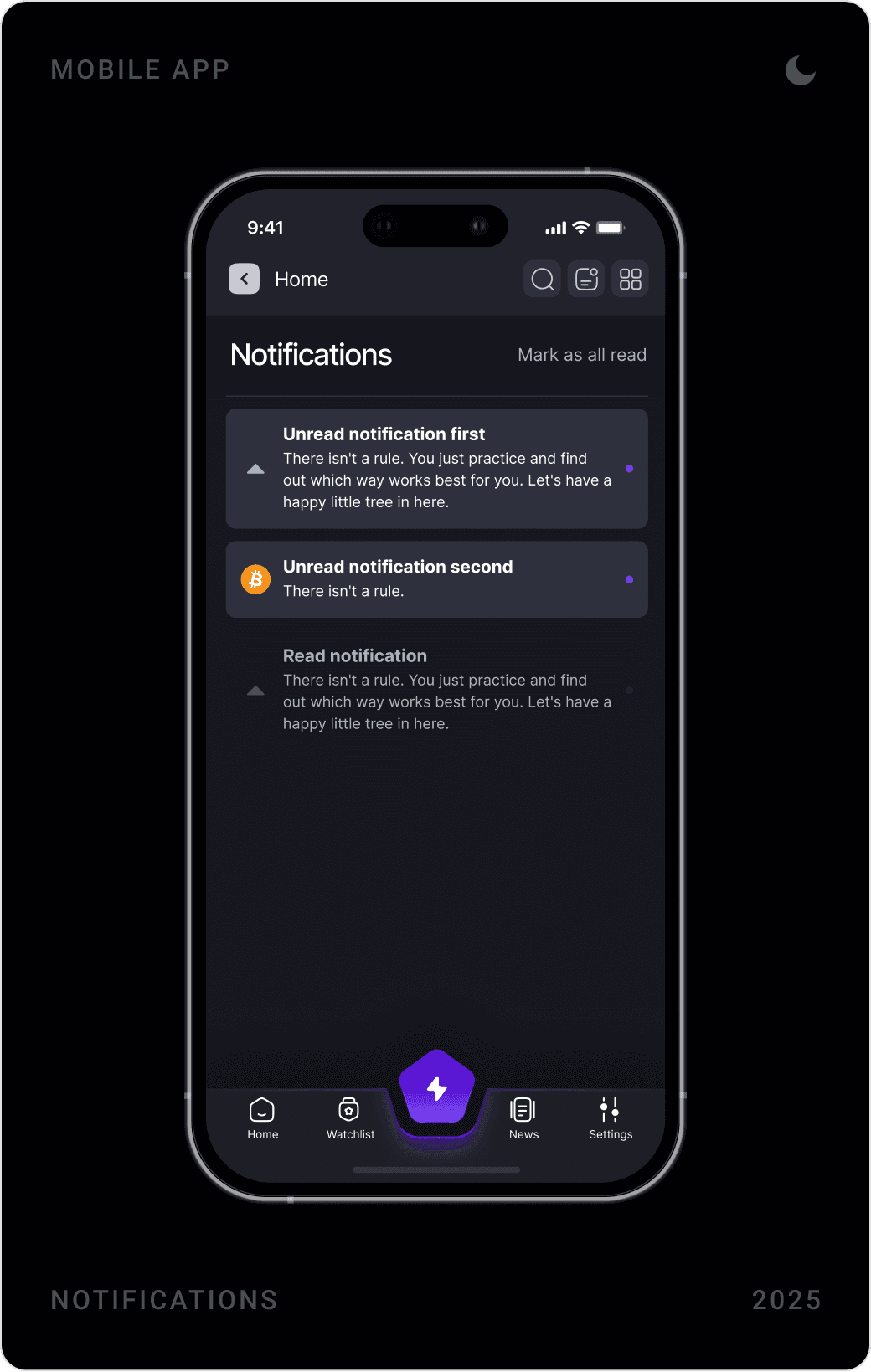 Account settings check menu and radio menu screens, and Notifications list with unread and read items