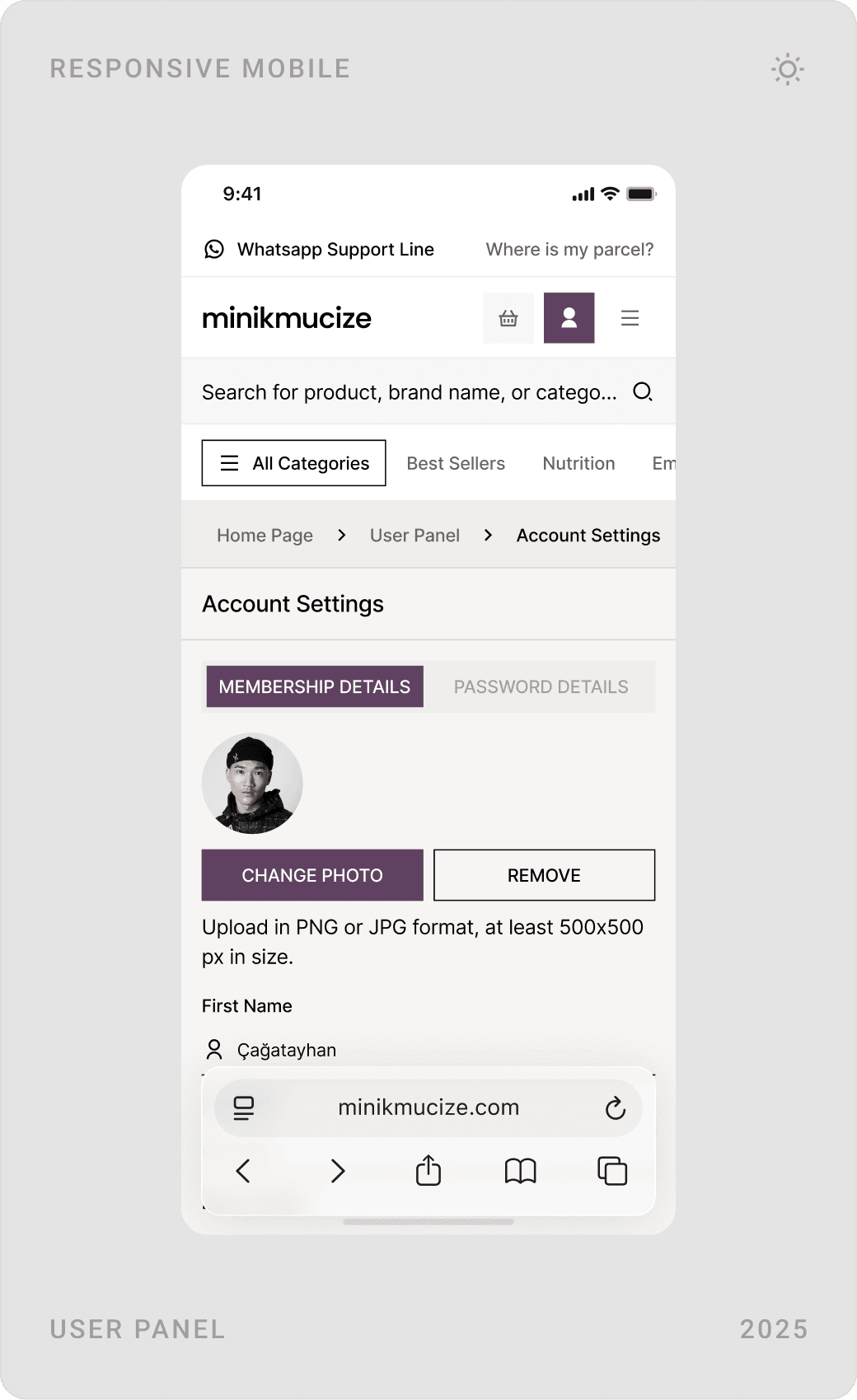 Mobile all-categories menu, membership details with profile photo, and password change form