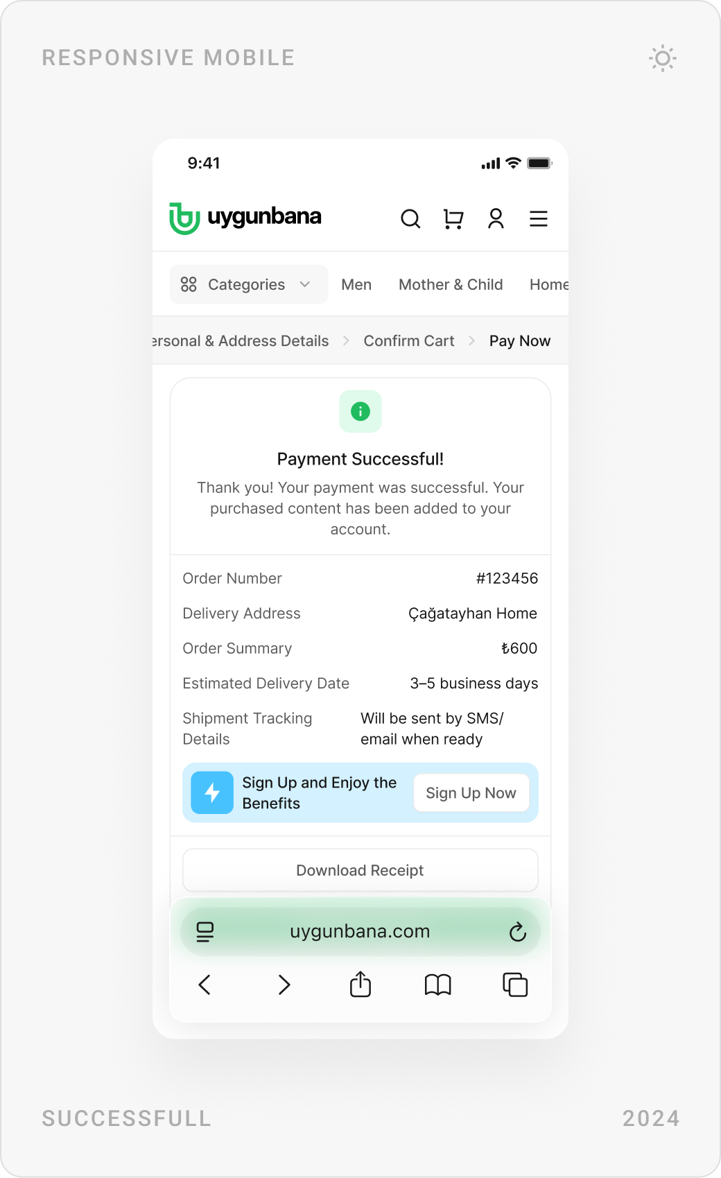Mobile checkout: delivery address and card details, cart confirmation, and payment successful