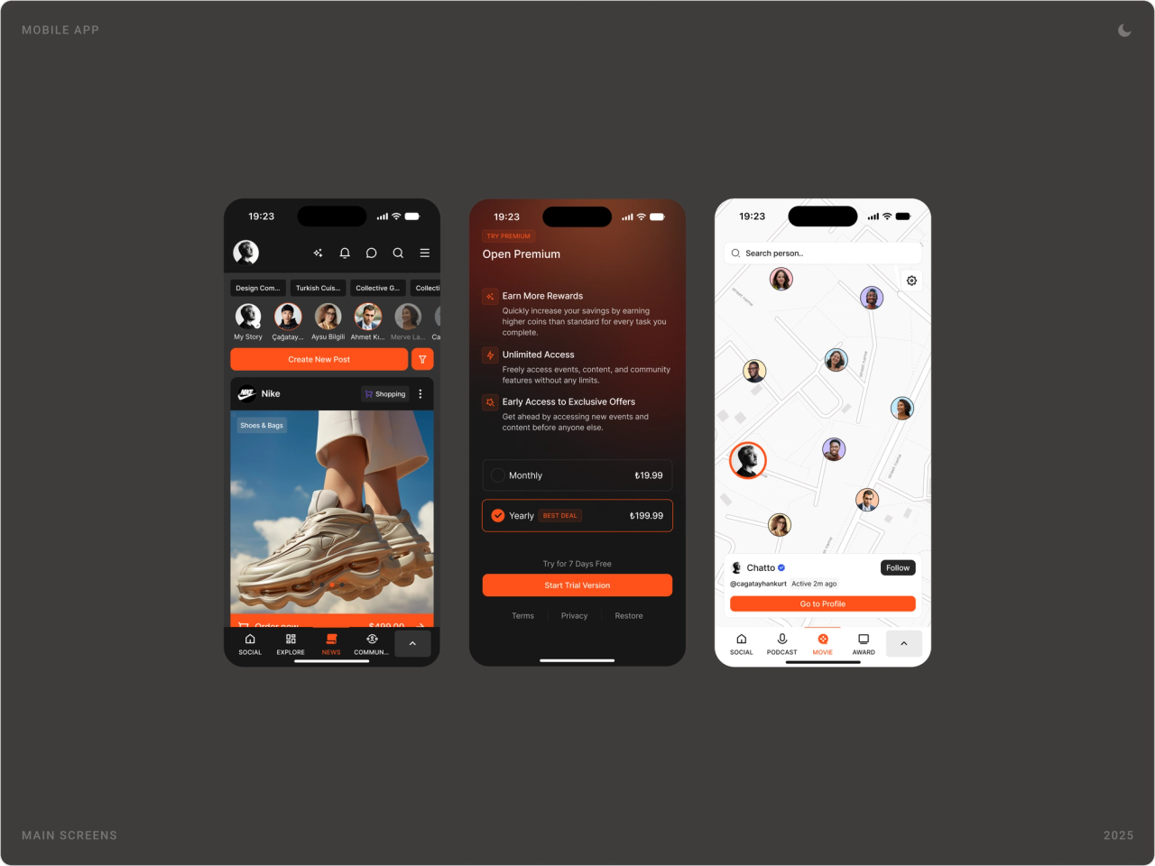 Main mobile screens: the home feed with stories, the Open Premium plan screen and a people map