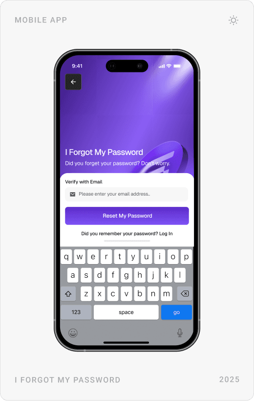 Create account form, log-in screen and “I forgot my password” screen with keyboard