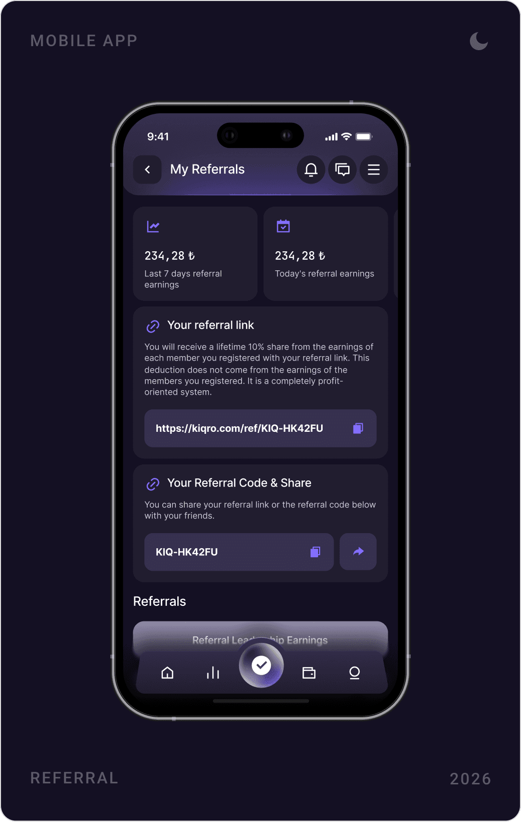My Referrals screen with earnings and referral link, a referral leaderboard with podium and countdown, and a rewards modal with three prizes
